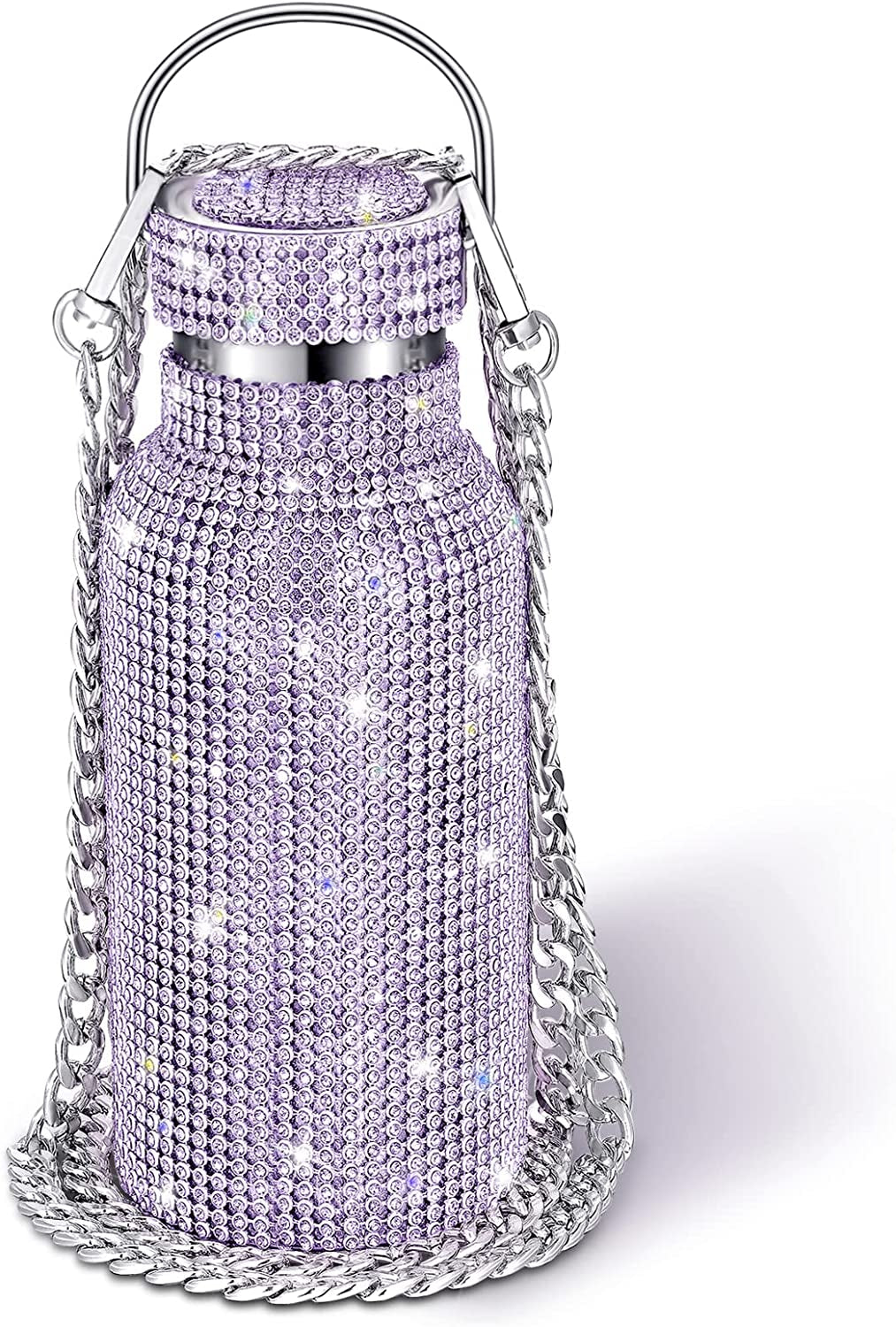 Diamond Water Bottle Bling Rhinestone Stainless Steel Thermal Bottle Refillable Insulated Glitter Water Jug with Chain for Women Girls Gifts(500 Ml,Silver)