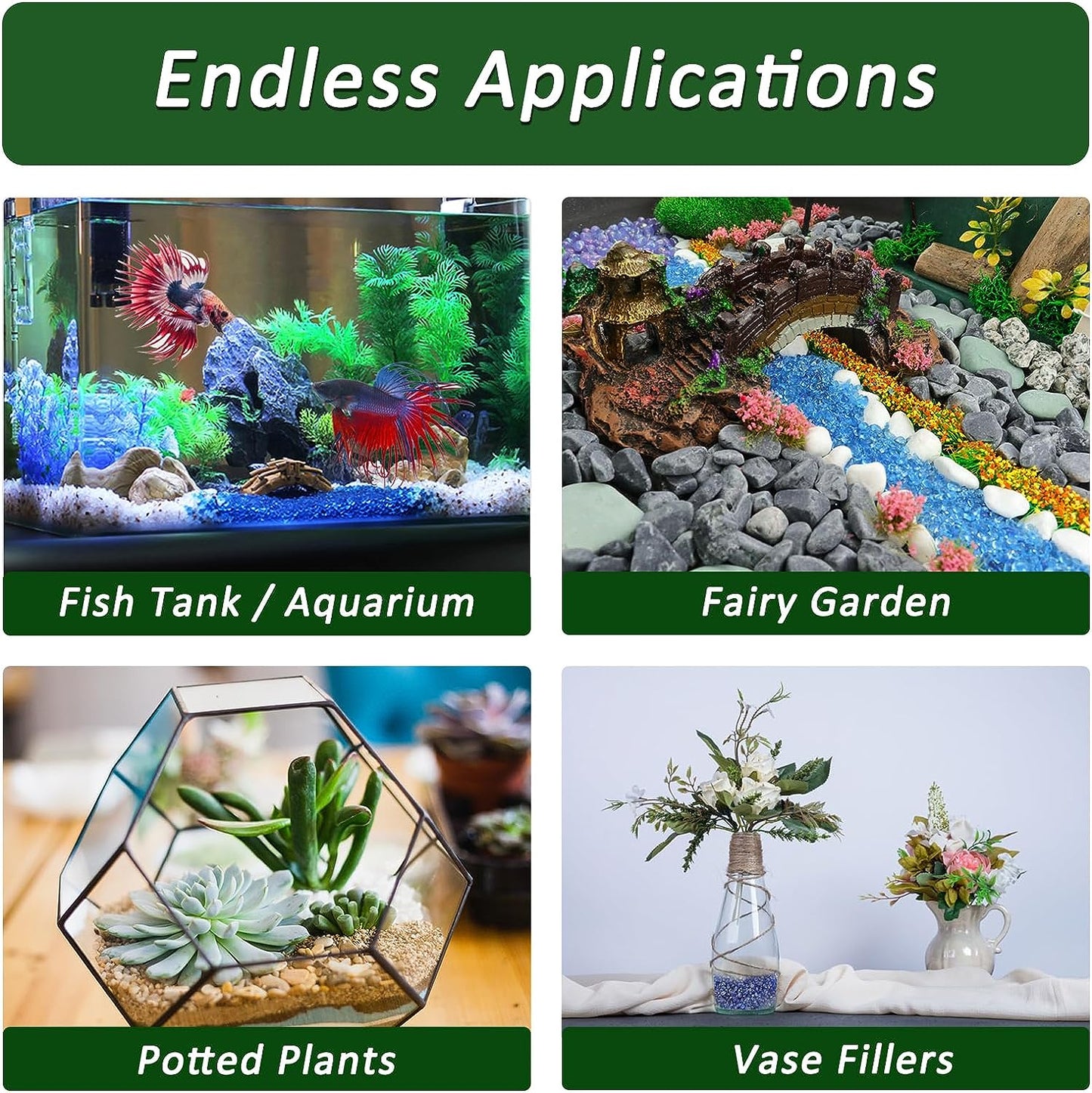 Aquarium Glass Gravel in various applications like fish tank, fairy garden, potted plants, and vase fillers.