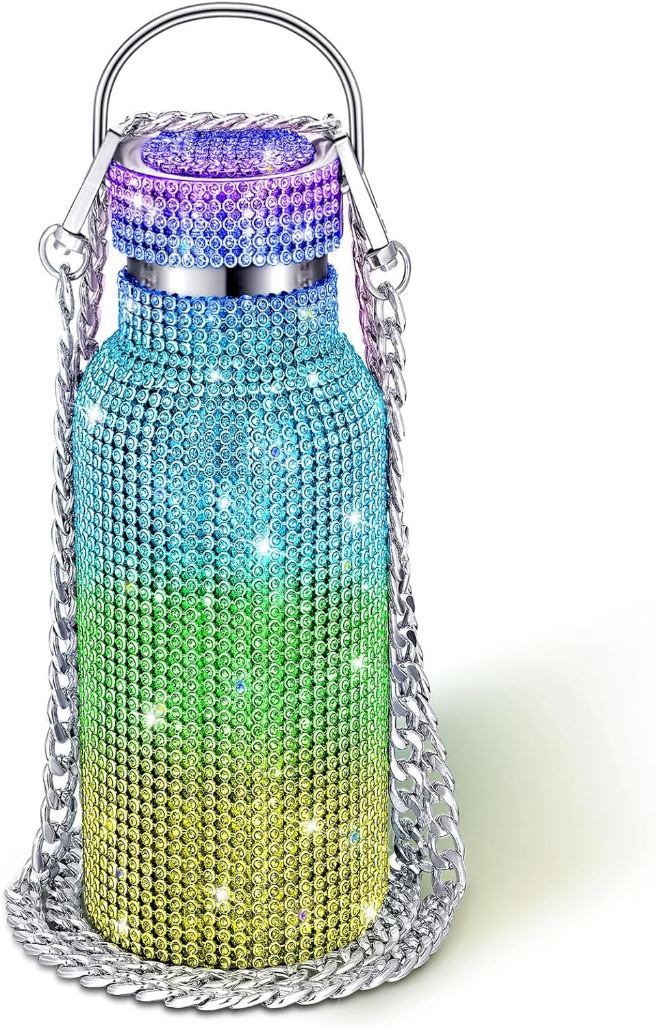 Diamond Water Bottle Bling Rhinestone Stainless Steel Thermal Bottle Refillable Insulated Glitter Water Jug with Chain for Women Girls Gifts(500 Ml,Silver)