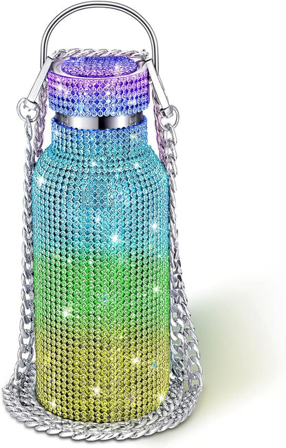 Diamond Water Bottle Bling Rhinestone Stainless Steel Thermal Bottle Refillable Insulated Glitter Water Jug with Chain for Women Girls Gifts(500 Ml,Silver)