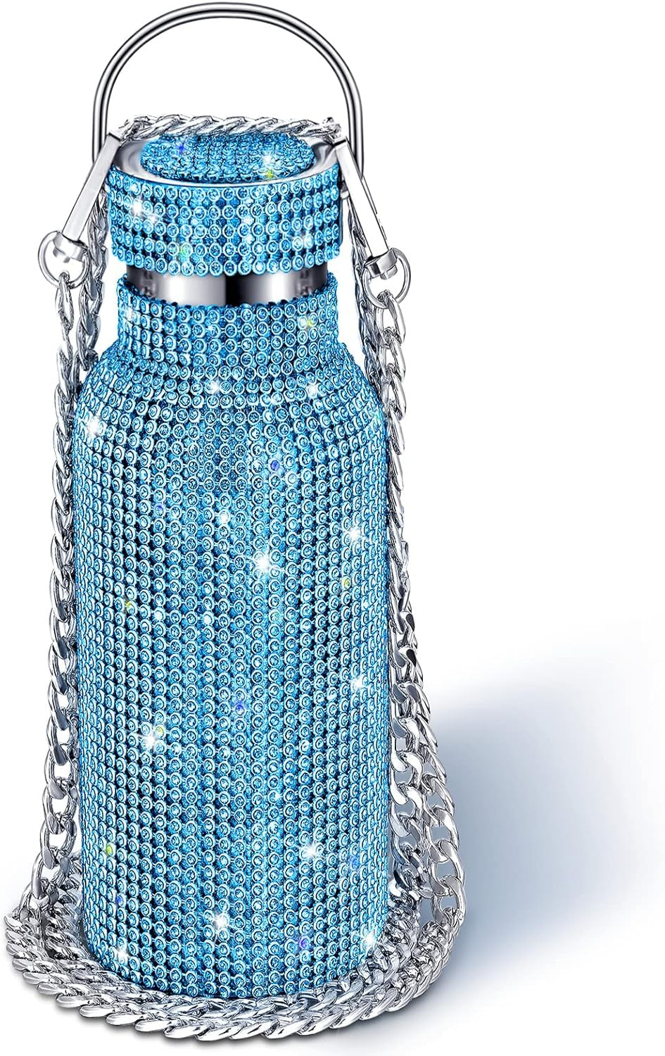 Diamond Water Bottle Bling Rhinestone Stainless Steel Thermal Bottle Refillable Insulated Glitter Water Jug with Chain for Women Girls Gifts(500 Ml,Silver)