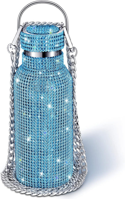 Diamond Water Bottle Bling Rhinestone Stainless Steel Thermal Bottle Refillable Insulated Glitter Water Jug with Chain for Women Girls Gifts(500 Ml,Silver)
