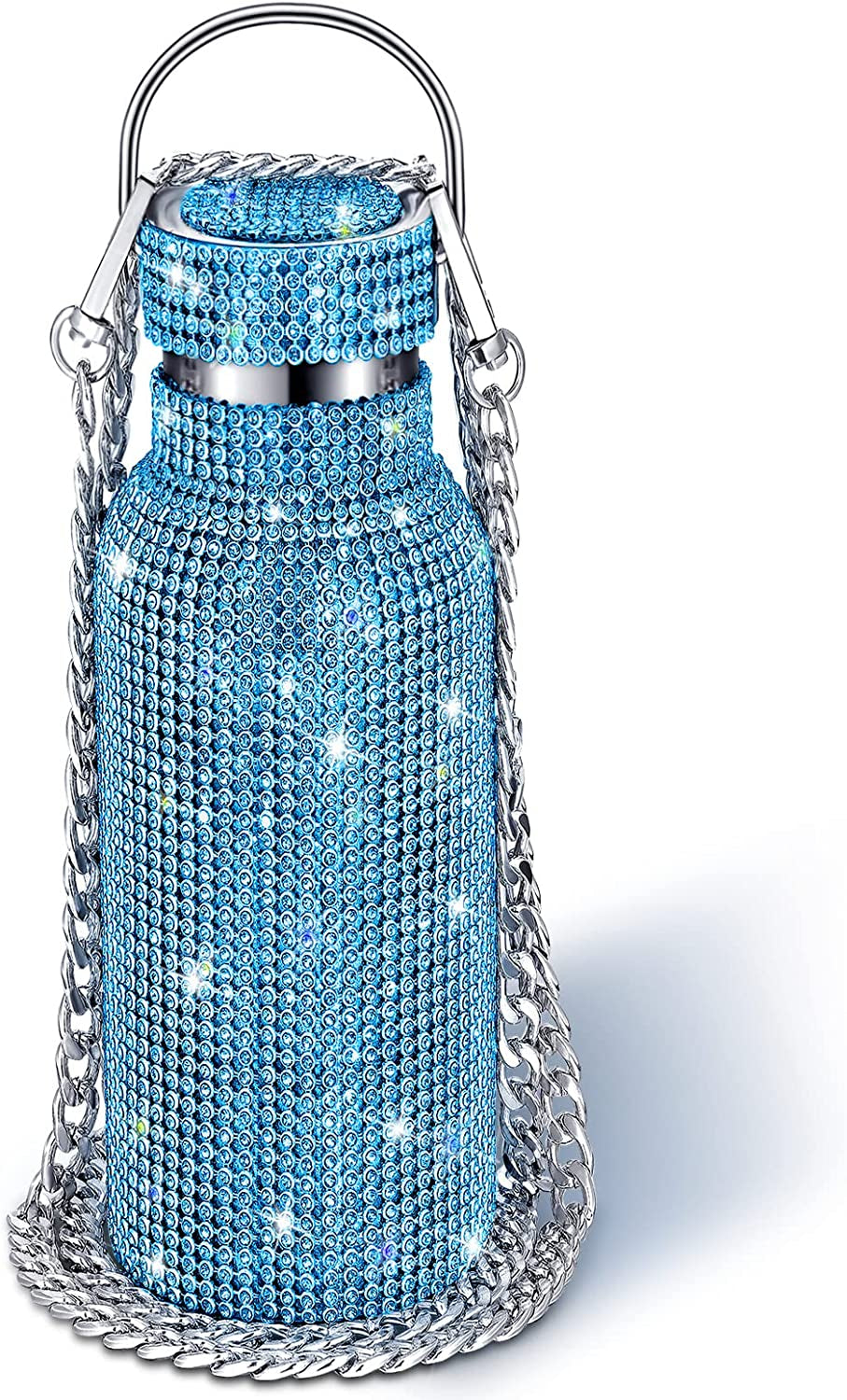 Diamond Water Bottle Bling Rhinestone Stainless Steel Thermal Bottle Refillable Insulated Glitter Water Jug with Chain for Women Girls Gifts(500 Ml,Silver)