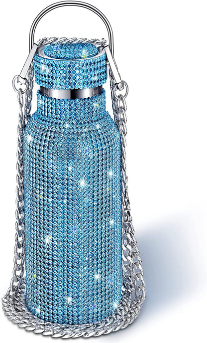 Diamond Water Bottle Bling Rhinestone Stainless Steel Thermal Bottle Refillable Insulated Glitter Water Jug with Chain for Women Girls Gifts(500 Ml,Silver)