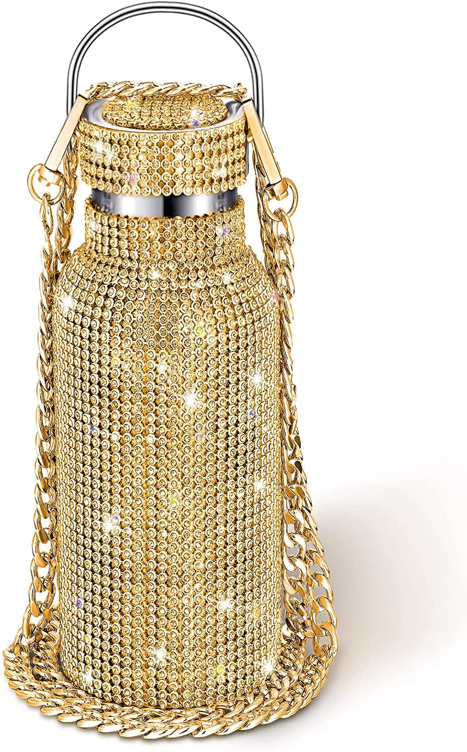 Diamond Water Bottle Bling Rhinestone Stainless Steel Thermal Bottle Refillable Insulated Glitter Water Jug with Chain for Women Girls Gifts(500 Ml,Silver)