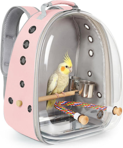 Bird Traval Carrier Cage, Clear Space Capsule Astronaut Backpack to Carry Parakeet Cockatiel Parrot with Metal Tray Bird Feeder Wood Perch, Vet Transport Bag