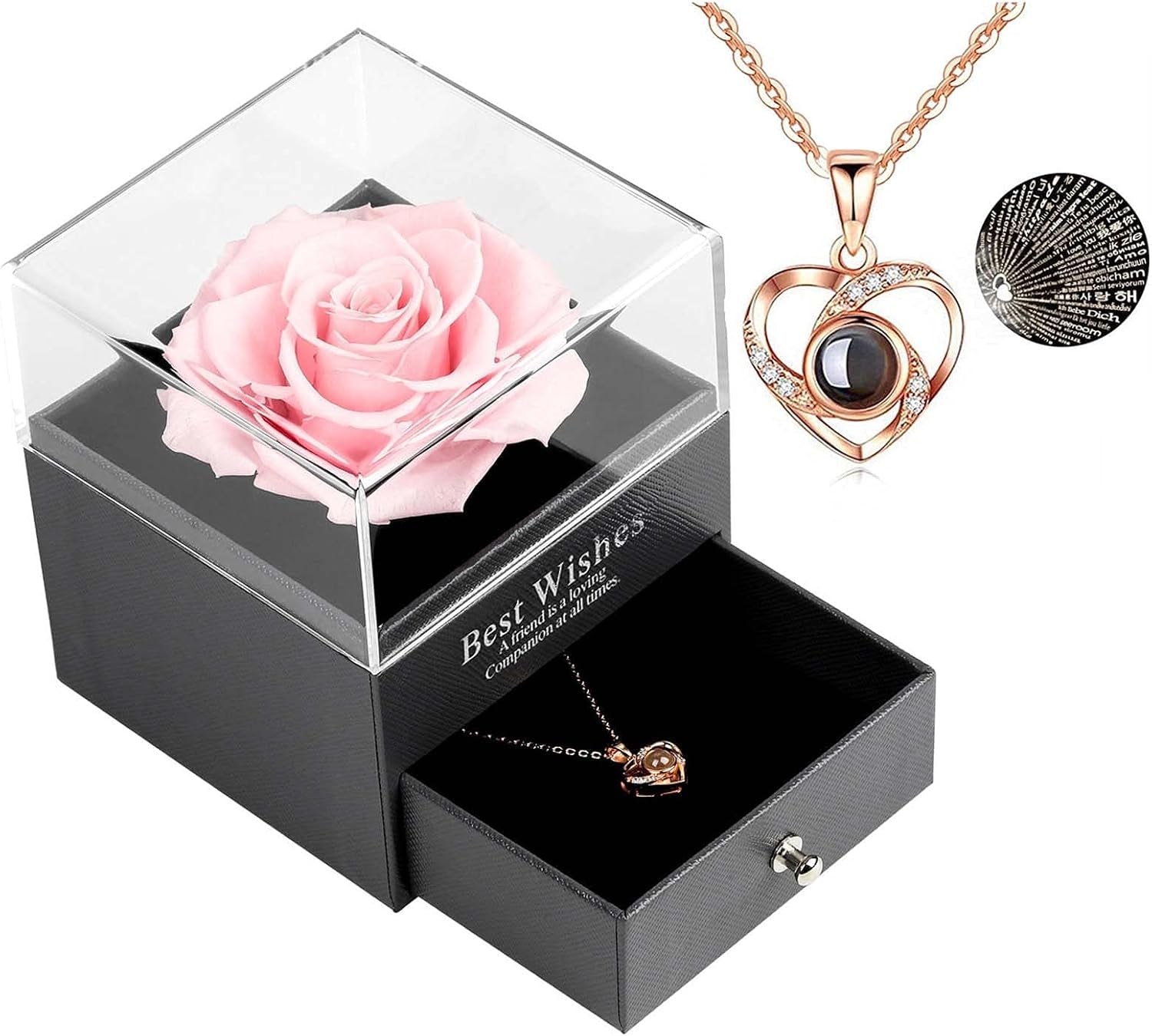 Preserved Real Rose Drawer with Heart Necklace I Love You in 100 Languages Gift Set, Handmade Enchanted Real Rose Flower for Valentine’S Day Anniversary Birthday Romantic Gifts for Her (Wine)