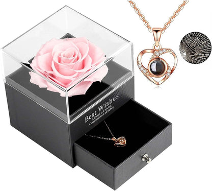 Preserved Real Rose Drawer with Heart Necklace I Love You in 100 Languages Gift Set, Handmade Enchanted Real Rose Flower for Valentine’S Day Anniversary Birthday Romantic Gifts for Her (Wine)
