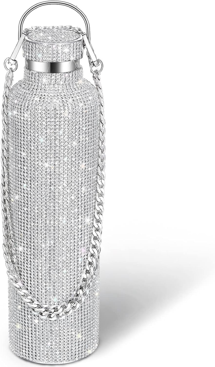 Diamond Water Bottle Bling Rhinestone Stainless Steel Thermal Bottle Refillable Insulated Glitter Water Jug with Chain for Women Girls Gifts(500 Ml,Silver)