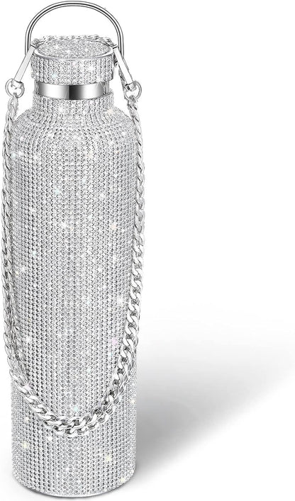 Diamond Water Bottle Bling Rhinestone Stainless Steel Thermal Bottle Refillable Insulated Glitter Water Jug with Chain for Women Girls Gifts(500 Ml,Silver)