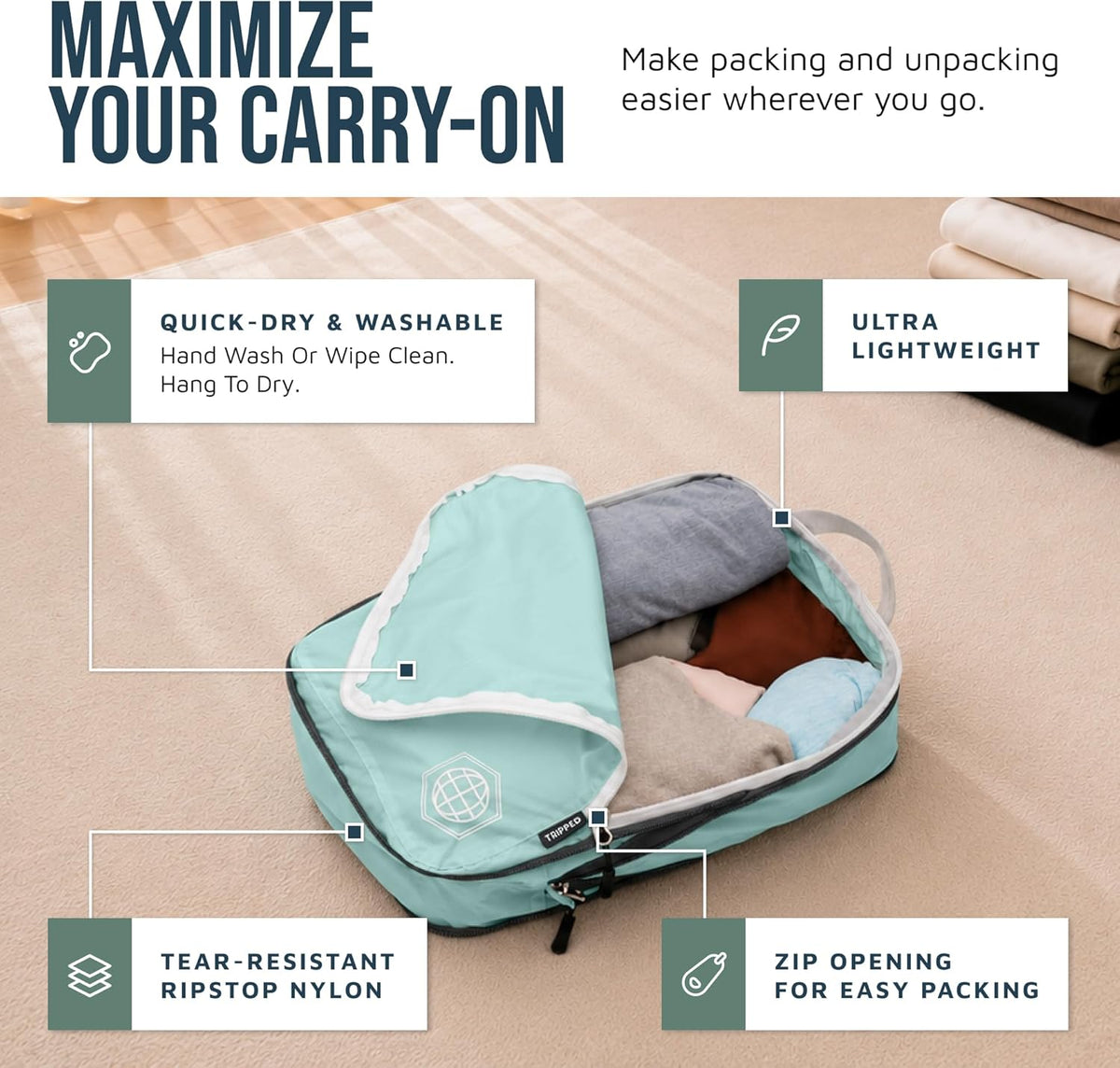 Compression Packing Cubes for Carry-On Travel 6-Pack | Ultralight Ripstop Packing Cubes with Compression Zippers for Organized Carry-On Luggage, Backpack, and Travel Packing