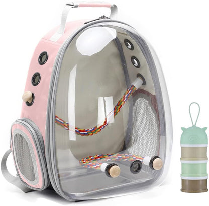 Bird Traval Carrier Cage, Clear Space Capsule Astronaut Backpack to Carry Parakeet Cockatiel Parrot with Metal Tray Bird Feeder Wood Perch, Vet Transport Bag