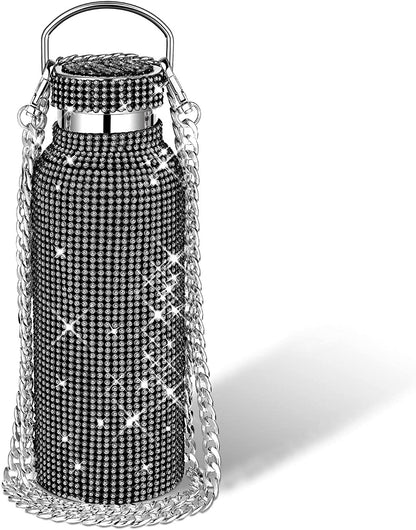 Diamond Water Bottle Bling Rhinestone Stainless Steel Thermal Bottle Refillable Insulated Glitter Water Jug with Chain for Women Girls Gifts(500 Ml,Silver)